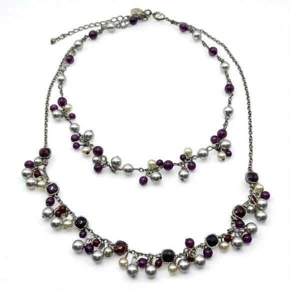 Laila Rowe Layered Necklace Antiqued Silver Tone Purple Red Dangle Bead Boho - Picture 5 of 12